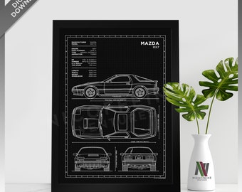 May include: Black and white blueprint style illustration of a Mazda RX7 car. The blueprint includes the car's dimensions and specifications, such as length, width, and wheelbase. The car is shown in side, top, front, and rear views.