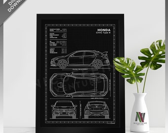 Affiche Encadrée Fan Art Honda Type R – Inspirée Des Modèles EK9, FN2, FL5, FK8 – Décoration Auto