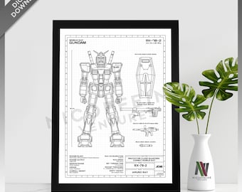 Mobile Suit Gundam RX-78-2 RX78 2 Mecha Robot Blueprint Style White Background for Large Poster Print | Digital Download | Printable