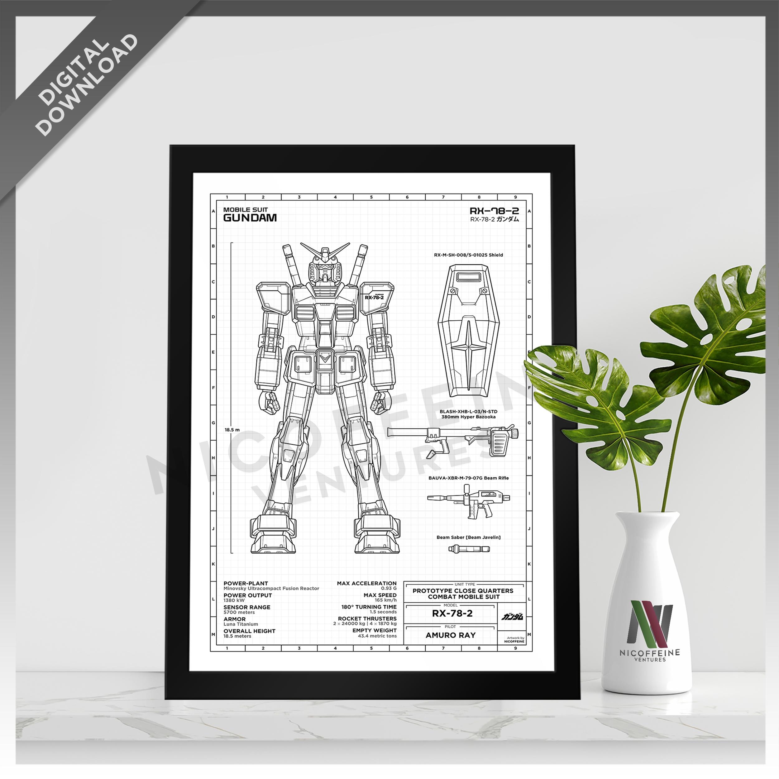 Mobile Suit Gundam RX-78-2 RX78 2 Mecha Robot Blueprint Style