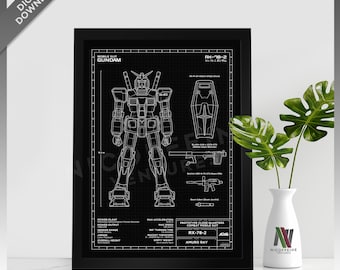 Mobile Suit Gundam RX-78-2 RX78 2 Mecha Robot Blueprint Style for Large Poster Print / Wall Art | Digital Download | Printable
