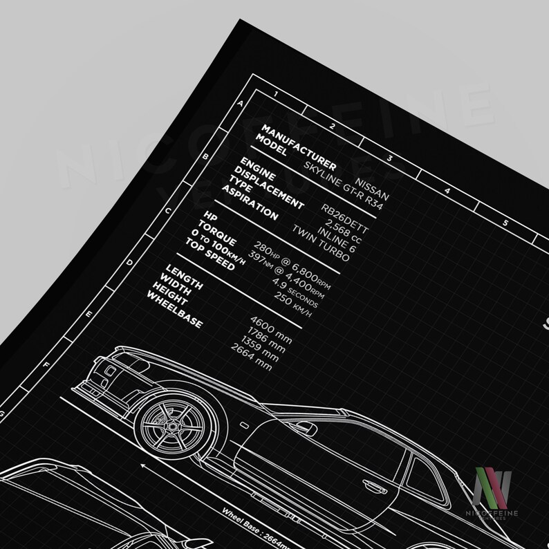 Gt R R34 Fnf Blueprint Nissan Skyline GT-R R34 Minimalist Blueprint Style for Large Poster ...