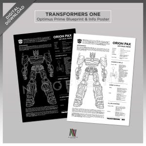 Könnte beinhalten: Zwei Poster mit einem Bauplan von Optimus Prime aus Transformers One. Ein Poster ist schwarz mit weißen Details, das andere ist weiß mit schwarzen Details. Der Text enthält "Optimus Prime Blueprint & Info Poster" und "Orion Pax, Optimus Prime."