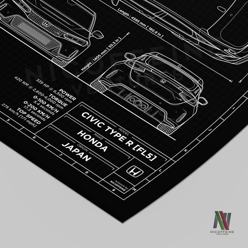 Honda Civic FL5 Type R FL5R Minimalist Sport Car Blueprint Style for ...