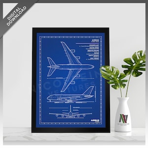 May include: A blueprint style illustration of an Airbus A380-800 airplane. The illustration is on a blue background with white lines. The airplane is shown in both a top-down and side view. The illustration includes technical specifications for the aircraft, such as the length, wingspan, and maximum thrust.