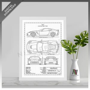May include: Line drawing blueprint of a Chevrolet Corvette C7 sports car. The drawing shows the car from the side, top, front, and rear views. The drawing includes technical specifications such as the engine size, horsepower, and top speed. The drawing is titled "Chevrolet Corvette C7" and "United States".