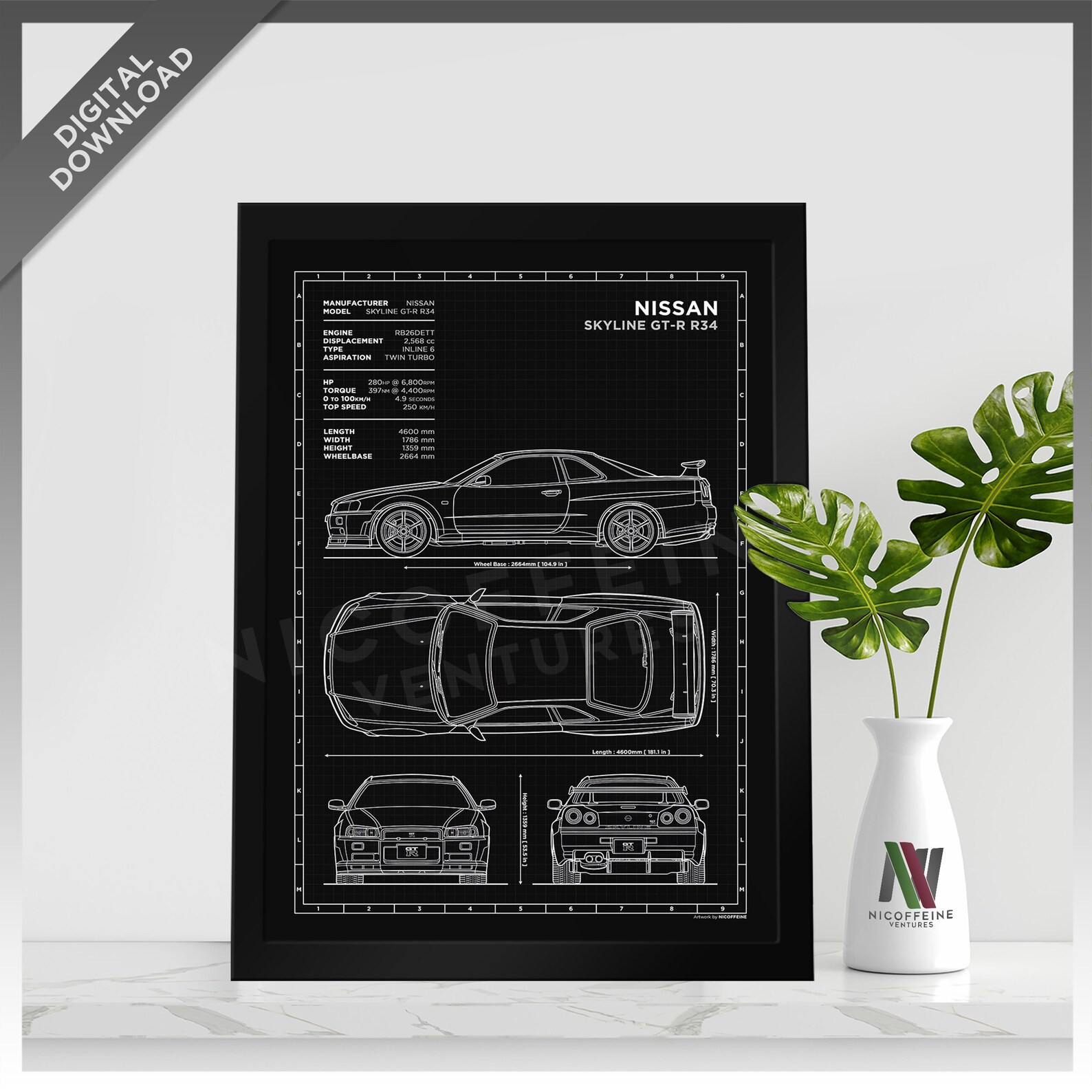 Gt R R34 Fnf Blueprint Nissan Skyline GT-R R34 Minimalist Blueprint Style for Large Poster ...
