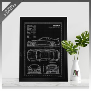 Nissan Skyline GT-R R34 Minimalist Blueprint Style for Large Poster Print / Wall Art