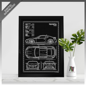May include: Black and white blueprint style illustration of a Toyota GT86 car. The illustration includes side, top, front, and rear views of the car. The blueprint includes technical specifications for the car, such as engine size, horsepower, and dimensions.