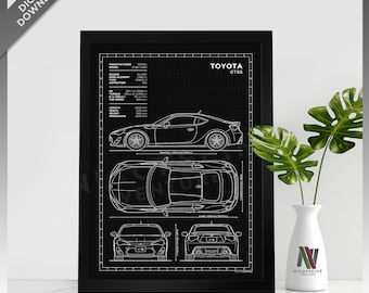 Toyota GT86 ZN6 Minimalist Sport Car Blueprint Style for Large Poster Print / Wall Art | DIGITAL DOWNLOAD
