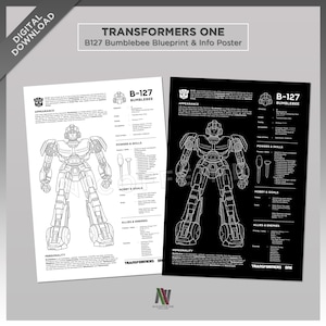 Puede incluir: Un póster en blanco y negro de estilo plano del personaje de Transformers Bumblebee. El póster incluye una ilustración detallada de Bumblebee en modo robot, junto con información sobre su apariencia, poderes, habilidades, pasatiempos, aliados, enemigos y personalidad. El póster se titula "Transformers One B127 Bumblebee Blueprint & Info Poster".