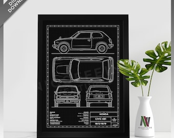 Honda Civic SB1 First Generation Sb1 Sg SH SE VB Minimalist Blueprint Style for Large Poster Print / Wall Art