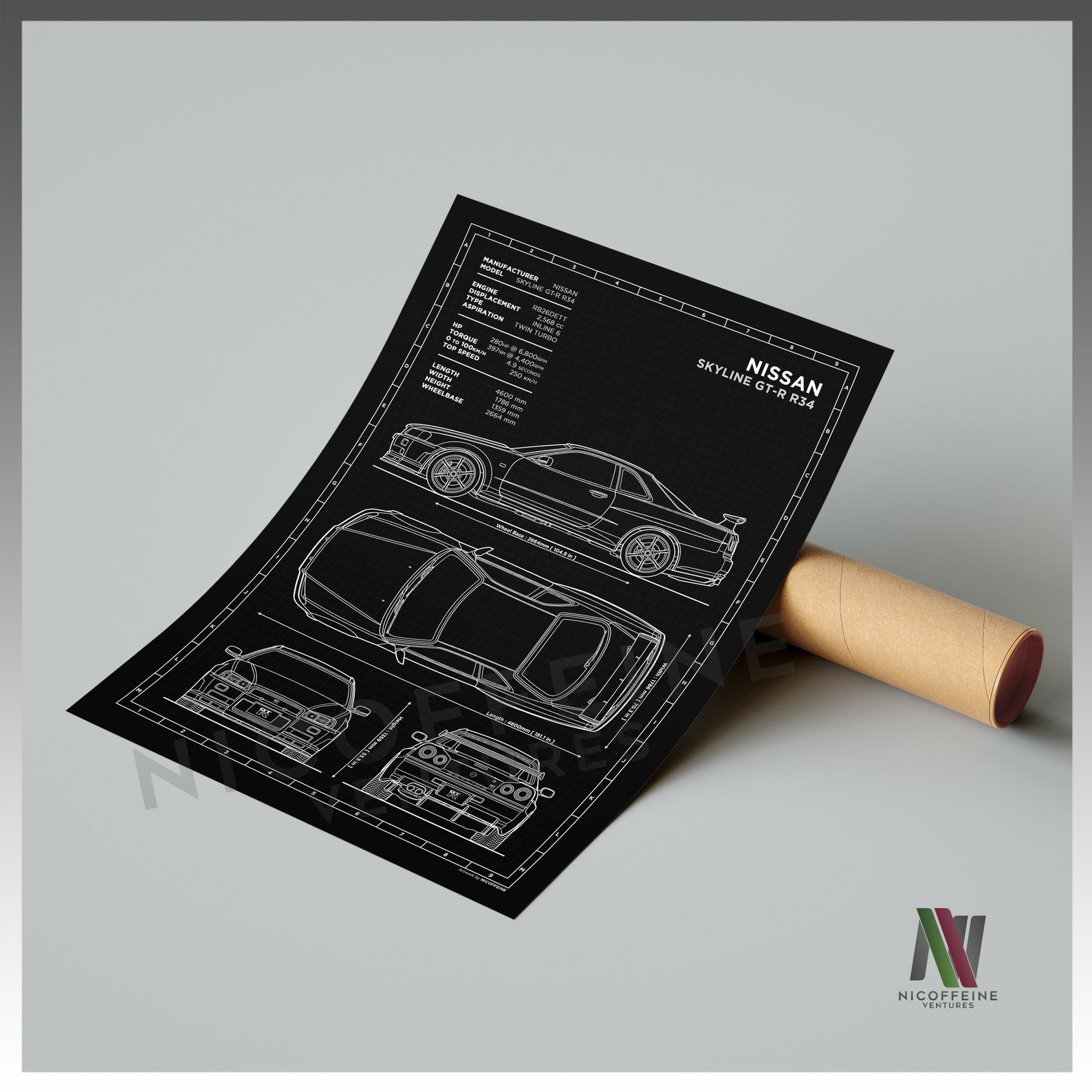 Nissan Skyline GT-R R34 Minimalist Blueprint Style for Large Poster ...