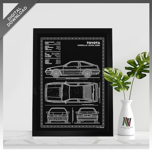 May include: Black and white blueprint style illustration of a Toyota Corolla Levin AE86. The illustration includes a side view, top view, front view, and rear view of the car. The illustration also includes technical specifications for the car, such as the engine type, displacement, and horsepower.