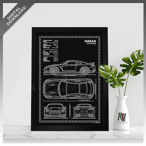 Nissan GT-R R35 Minimalist Blueprint Style for Large Poster Print / Wall Art | DIGITAL DOWNLOAD