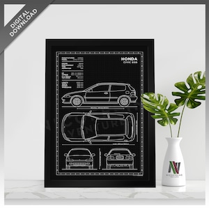 Puede incluir: Ilustración de estilo plano en blanco y negro de un Honda Civic EG6. La ilustración incluye vistas laterales, superiores, frontales y traseras del coche. La ilustración incluye especificaciones técnicas para el coche, incluyendo el tamaño del motor, la potencia y las dimensiones.