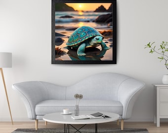 Póster enmarcado, Tortuga junto al mar, Arte mural costero, Decoración oceánica, Regalo para casa de playa, Impresión de vida marina