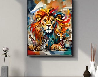 Vertical Lion Poster, Animal Art Print, Abstract Wildlife Wall Decor, Jungle Safari Nursery, Big Cat Gift, Wildlife Home Decor
