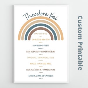 May include: A printable wall art design featuring a rainbow with a personalized name "Theodore Kai" and inspirational quotes about faith and strength. The rainbow is in shades of brown, beige, and blue.