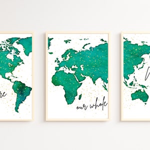 Set van 3 stuks Emerald & Gold Wereldkaart "Je bent onze hele wereld", Baby kinderkamer en kinderkamer Green Wall Art, Aquarel Wereldkaart Kunst