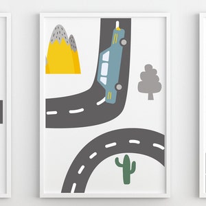 Conjunto de 3 mapas de carreteras de guardería, arte de pared de guardería escandinava, decoración de dormitorio de niños, carteles de impresión de sala de juegos, regalo de bebé, coches, montañas, árboles