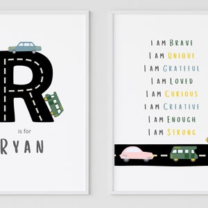 Personalized Transport Baby Boy Nursery Wall Prints Set of 2, Custom Road cars kid digital printable room decor, birthday baby shower gift