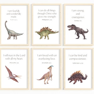 May include: Set of six printable dinosaur themed art prints with inspirational quotes and bible verses. Each print features a different dinosaur species in watercolor style. The quotes include "I am fearfully and wonderfully made", "I can do all things through Christ who gives me strength", "I am strong and courageous", "I will trust in the Lord with all my heart", "I am loved with an everlasting love", and "I can be kind and compassionate".