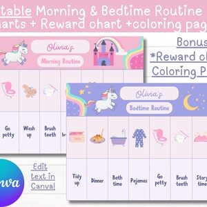 Op de afbeelding: Printbare kaart met eenhoorn-thema voor kinderen om hun ochtend- en bedtijdroutines bij te houden. De kaart heeft een roze en paarse kleurschema met regenbogen, sterren en een eenhoorn. De kaart is bewerkbaar en bevat een bonusbeloningskaart en kleurplaten.