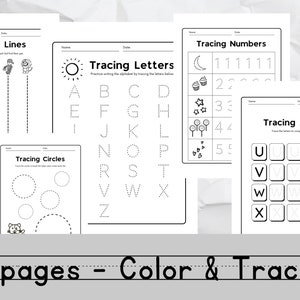 May include: A set of 30 printable worksheets for kids to practice tracing lines, circles, letters, and numbers. Each worksheet features a different theme, such as animals, stars, and cupcakes. The worksheets are black and white and have dotted lines for tracing.