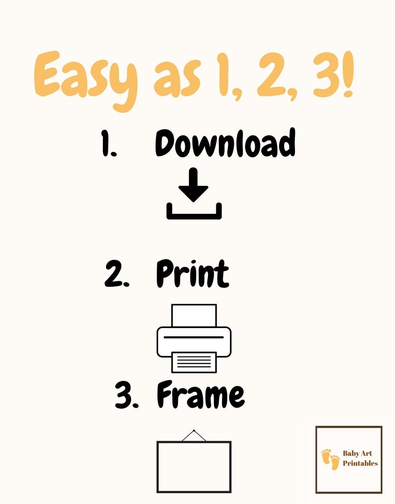 May include: A printable art design with instructions on how to download, print, and frame the artwork. The text reads "Easy as 1, 2, 3!" and includes a download icon, a printer icon, and a picture frame.
