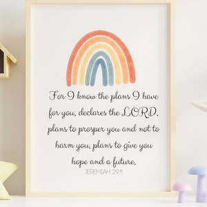 May include: A watercolor rainbow with a white background and a quote from Jeremiah 29:11, "For I know the plans I have for you, declares the LORD, plans to prosper you and not to harm you, plans to give you hope and a future."