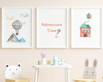 Hete luchtballon set van 3 prints avontuur tijd muur kunst jongens kinderkamer decor hete lucht ballon posters baby shower cadeau jongens luchtvervoer kunst