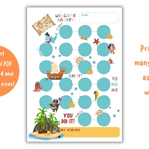 May include: A printable pirate-themed game board with a blue and white colour scheme. The board features a path with circles, a start and finish line, and various pirate-themed illustrations. The text on the board reads "Welcome Aboard", "Ahoy!" and "You Did It!"