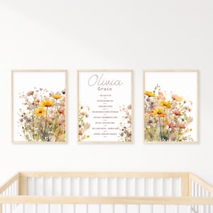 Wildflower Bible Affirmations Custom Name Prints Scripture Verse Girl Set of 3 Christian Nursery Decor Baby Shower Gift Girls Room Wall Art