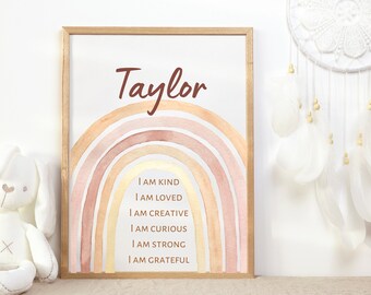 Personalized positive affirmations poster for kids girls motivational print Girls room wall art print playroom rainbow poster I am affirm