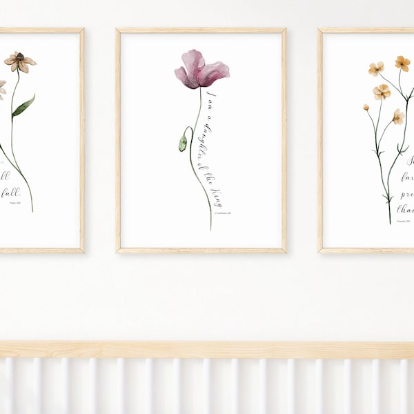 3 Piece Bible Verse Flower Wall Art, Christian Nursery Prints, Watercolor Flower Scripture Posters, Baby Shower Gift, Newborn Girl Decor