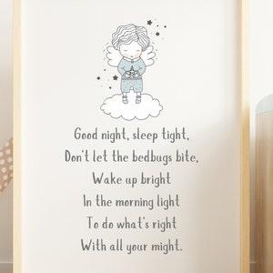 Good Night Sleep Tight Boys Angel Wall Print, Little Blue and Grey Angel Nursery Rhyme Artwork, Bedroom quote Décor, Over the Crib wall art