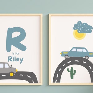 Nome personalizado transporte de carro bebê menino berçário impressão conjunto de 2, estrada personalizada e carros crianças decoração de quarto digital imprimível, ideias de presente de aniversário