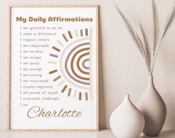 Personalisierte Boho Affirmation Wandkunst, individueller Motivationsdruck für Kinder, Regenbogen & Sonnenschein Poster, I Am Loved, Strong, Brave Druck