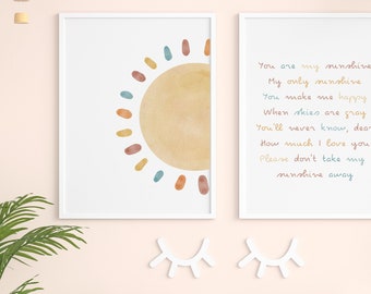 Set of 2 You are my Sunshine nursery wall art boho sun print Baby nursery quote poster Nursery song wall print yellow baby shower gift