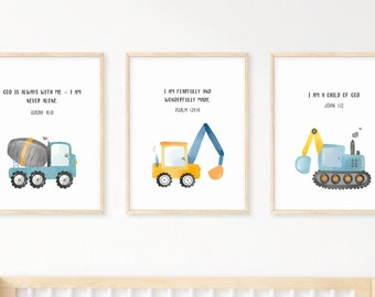 Bible Verse Construction Set of 3 Prints Kids Truck Tractor Digger Playroom Posters  Christian Scripture Quote Vehicle Wall Art Boy Decor
