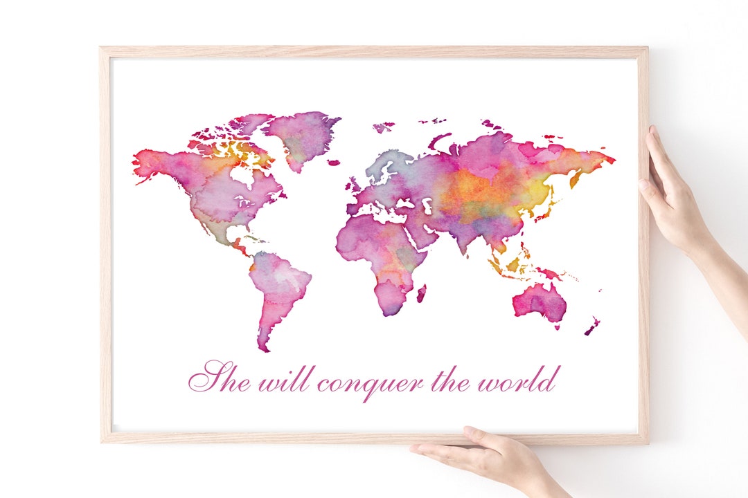 Pink Watercolor World Map Art Print, Girls she Will Conquer the World