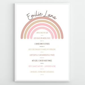 Benutzerdefinierte Name Bibel Affirmationen Wandkunst, personalisierte Mädchen Regenbogen Schrift Vers Ermächtigung, Baby Kinderzimmer Dekor, Babypartygeschenk