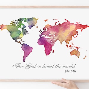 Póster infantil con versículo bíblico y mapa del mundo en acuarela, Juan 3:16 Porque de tal manera amó Dios al mundo, pasaje de las Escrituras, arte de pared para habitación infantil, arte multicolor
