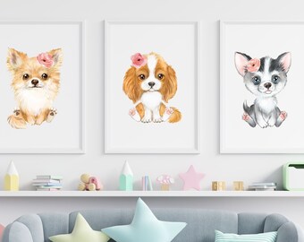 Set of 3 watercolor puppies with flowers nursery wall art, Husky, Pomeranian, Spaniel, girls room dog prints, pink nursery printable decor