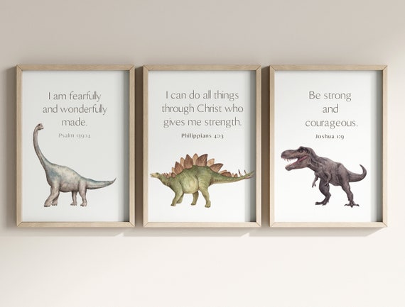 Set Of 3 Dinosaur Bible Verse Prints T-Rex Print Stegosaurus Poster Brachiosaurus Art Dinosaur Art Scripture Quote Wall Decor Baby Boy Decor