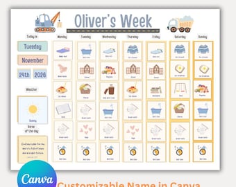 Editable Kids Weekly Chart, Custom Construction Weekly Kids Calendar, Visual Schedule for toddlers, Kids weekly Chore Chart, Kids Calendar