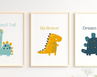 Printable dinosaur art set of 3, Dino nursery wall print for baby and toddler room, yellow and blue T-rex, Stegosaurus, Brachiosaurus.