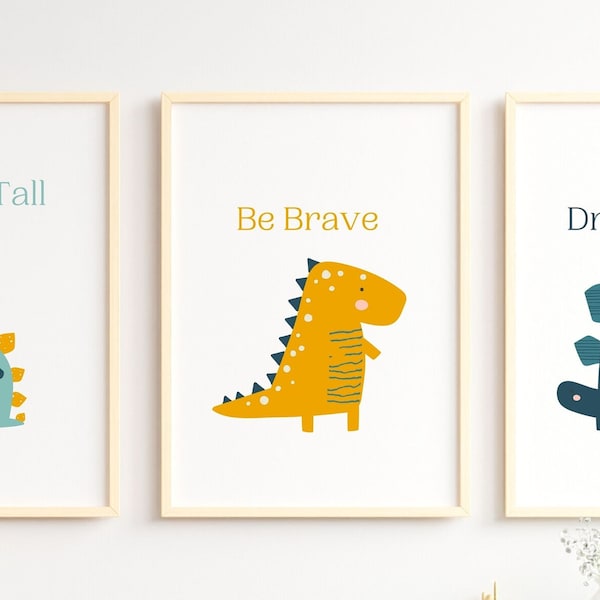 Printable dinosaur art set of 3, Dino nursery wall print for baby and toddler room, yellow and blue T-rex, Stegosaurus, Brachiosaurus.