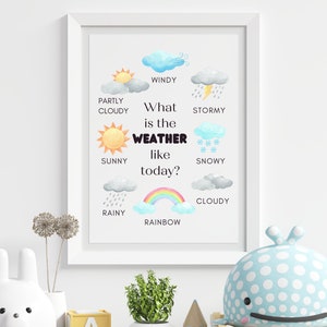 Póster del tiempo para niños, ¿Cómo es el clima hoy?, Arte mural educativo montessori para niños, Sala para niños, Guardería de aprendizaje